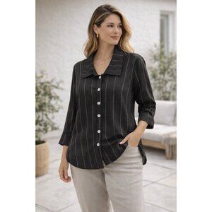 Vintage Cottage Clothing SZ XL Linen Tunic Top Shirt Black Pinstripe Lagenlook